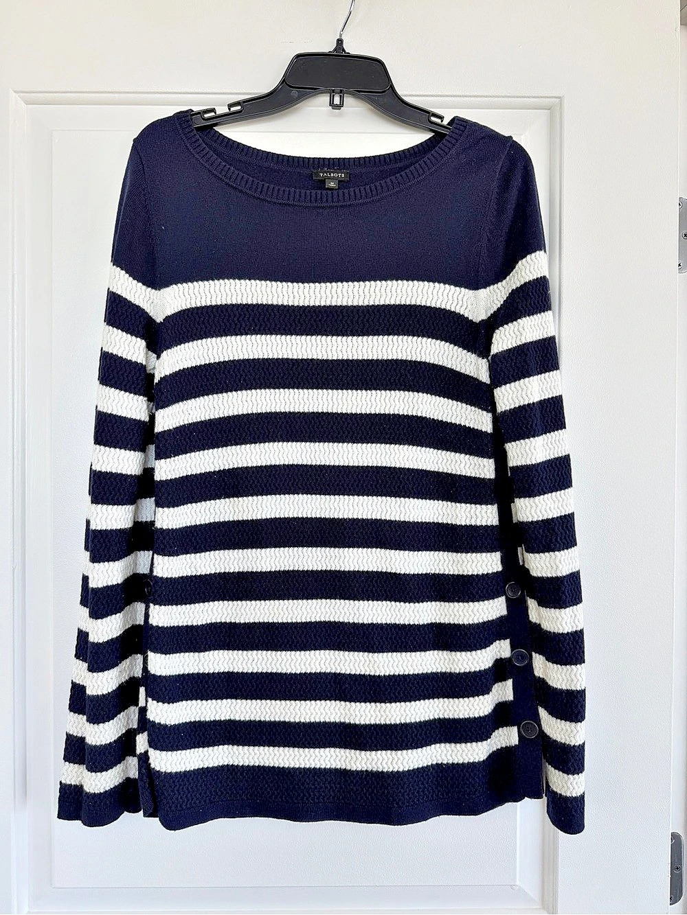 Talbots Side Button Striped Sweater Blue & White Medium